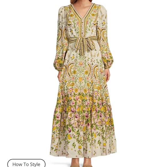 Floral Print Woven V-Neck Button Front Long Balloon Sleeve Tie at Waist A-Line F - Picture 1 of 3